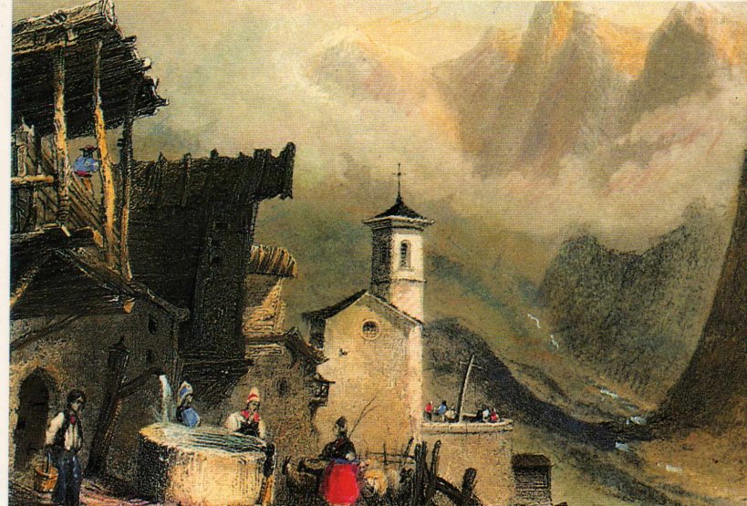 Saint-Véran dans le Queyras (Hautes Alpes) au XIXe siècle. Lithographie de lord Monson