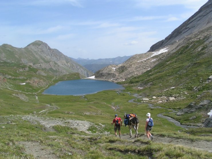 Arrivée avec âne et bagages au lac Foréant à Ristolas